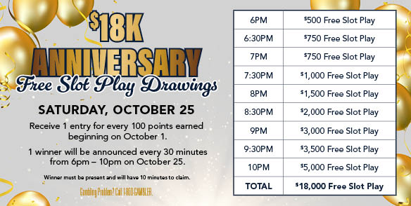 18k Anniversary Free Slot Play Drawings